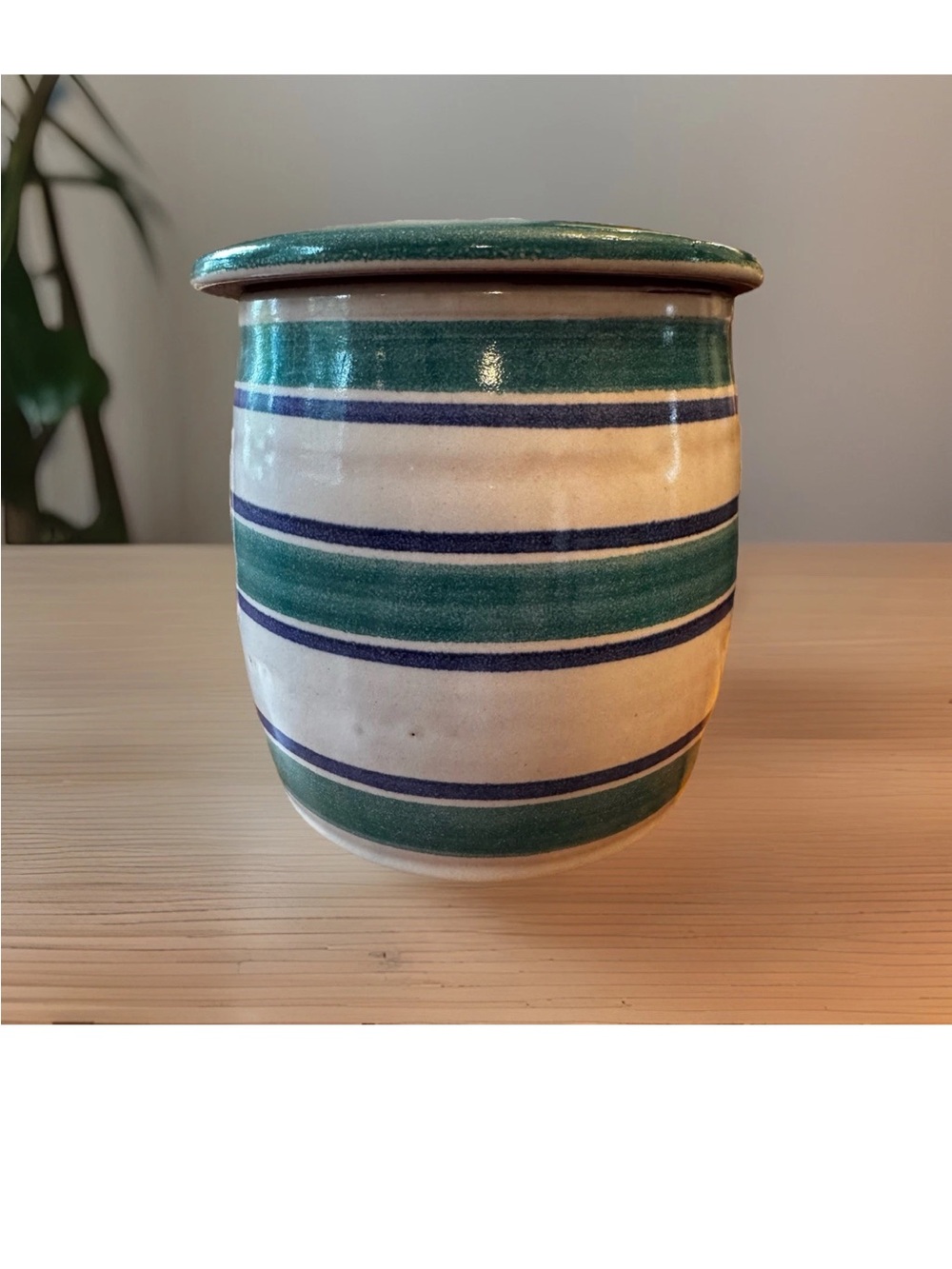 Studio Art Pottery French Butter Bell Signed 4.5 “ Blue Stripes
